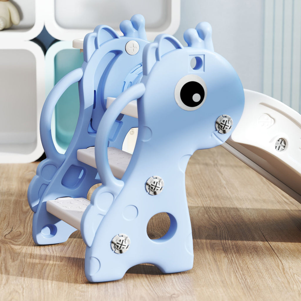 AIYAPLAY Kids Slide with Ladder, Basketball Hoop and Ball, Giraffe Design, for Children 1-3 Years Old, Blue