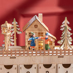 Rectangular Christmas Advent Calendar with Themed Patterns and 12 LED Lights, 22x9x30 cm, Plywood, Orange