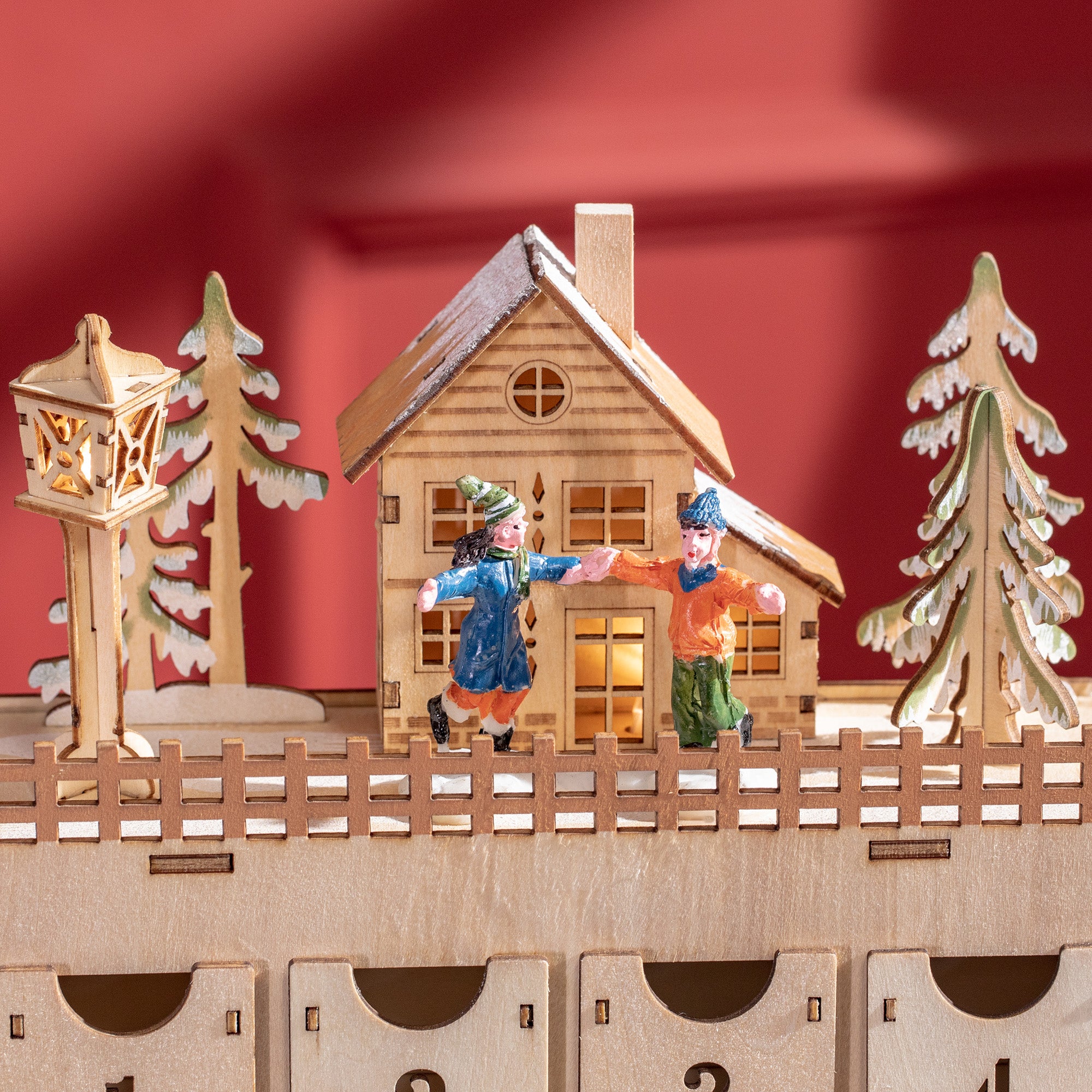 Rectangular Christmas Advent Calendar with Themed Patterns and 12 LED Lights, 22x9x30 cm, Plywood, Orange