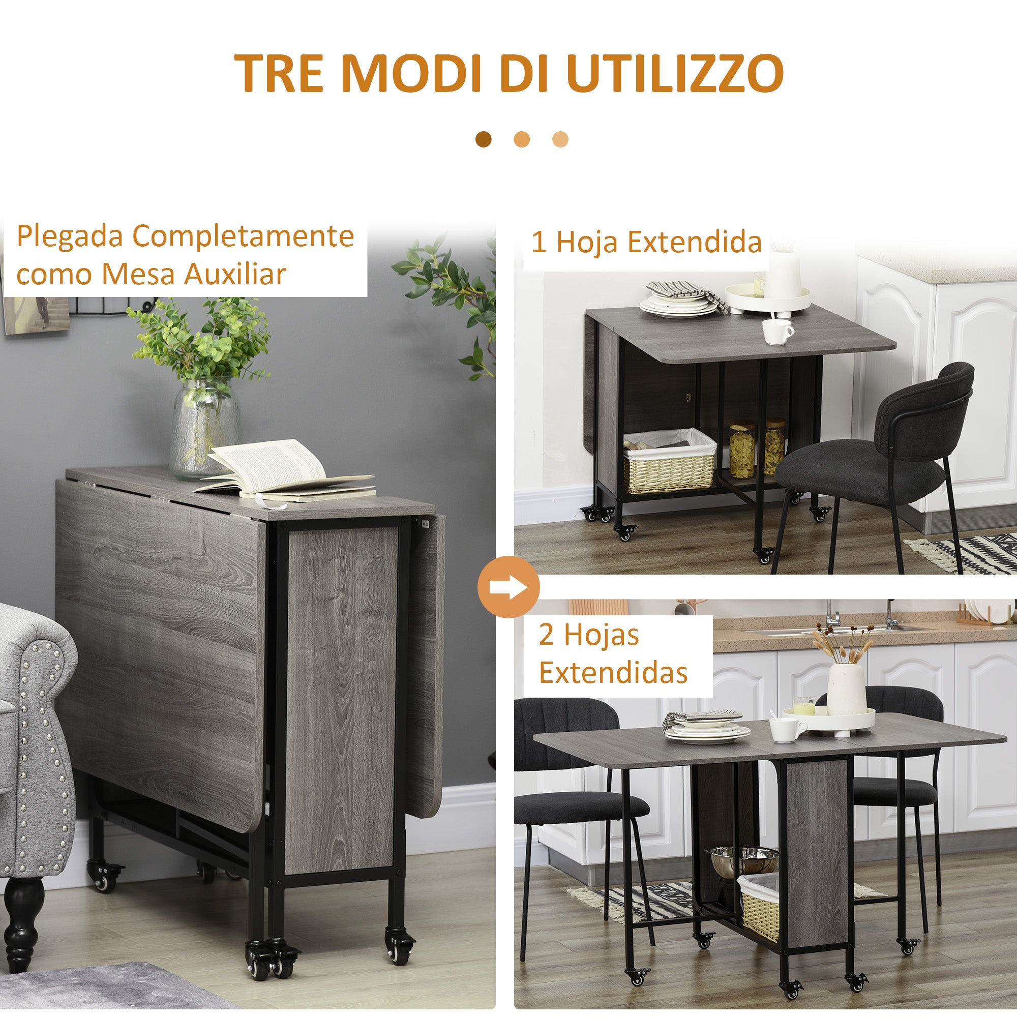 Folding Dining Table for up to 6 People with Shelf, in Wood and Metal, 130x80x74 cm, Grey