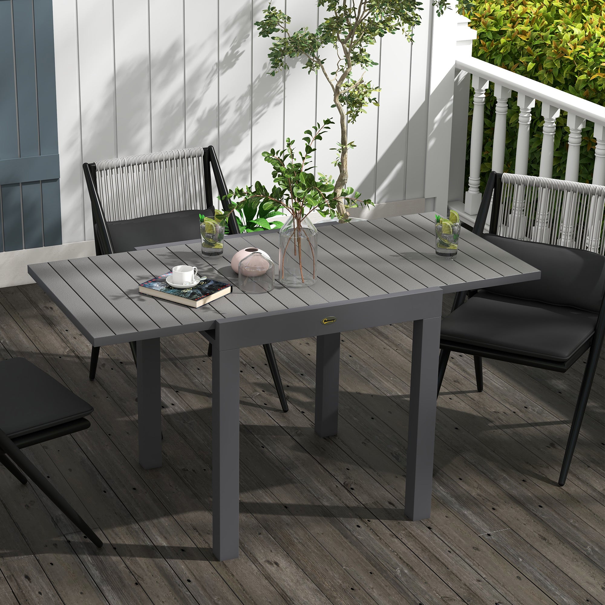 Extendable Garden Table for 4-6 People with Slatted Top, Aluminum, 81/162x80x75 cm, Grey