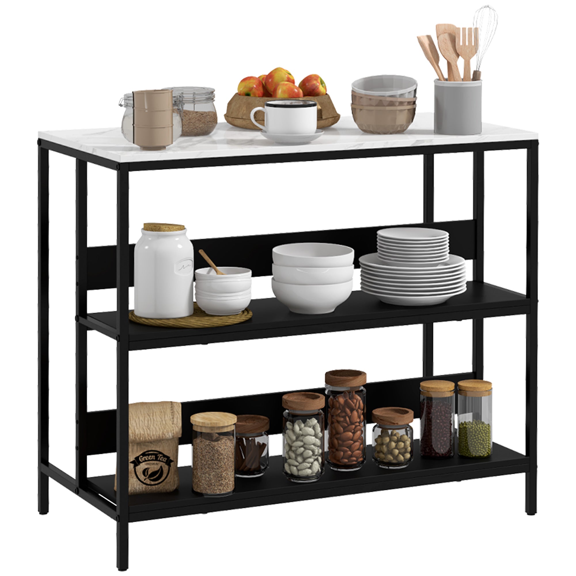 Homcom kitchen island with shelves, marble effect and metal structure, 100x50x90cm, black and white - Borgè