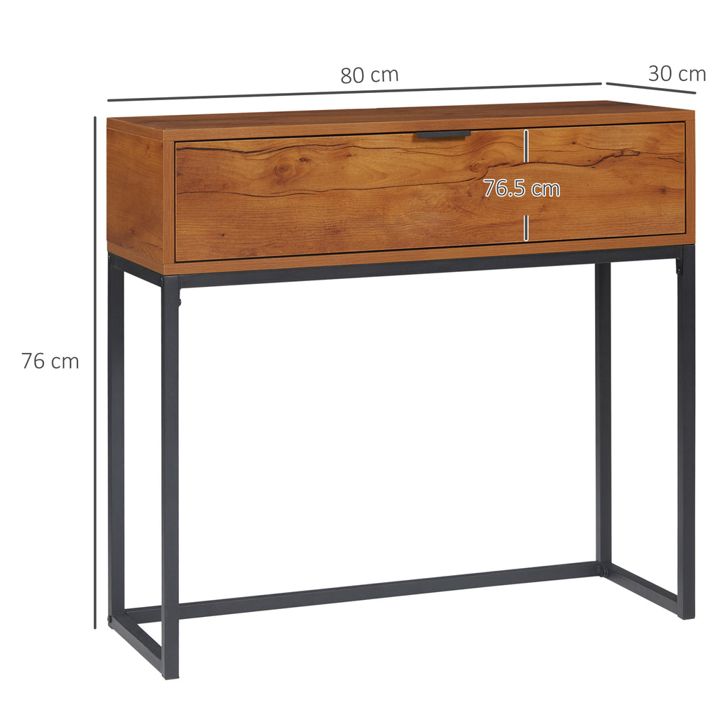 Minimalist Entryway Console Table with Drawer, Wood and Steel, 80x30x76 cm, Wood and Black Color