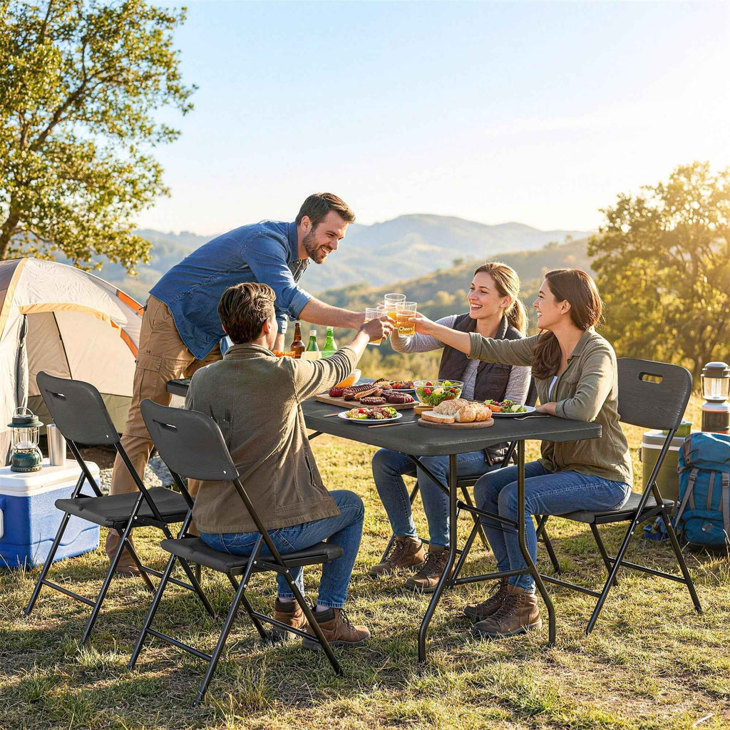Outsunny 5-Piece Camping Table and Chair Set with Folding Table and 4 Chairs, in HDPE and Black Metal