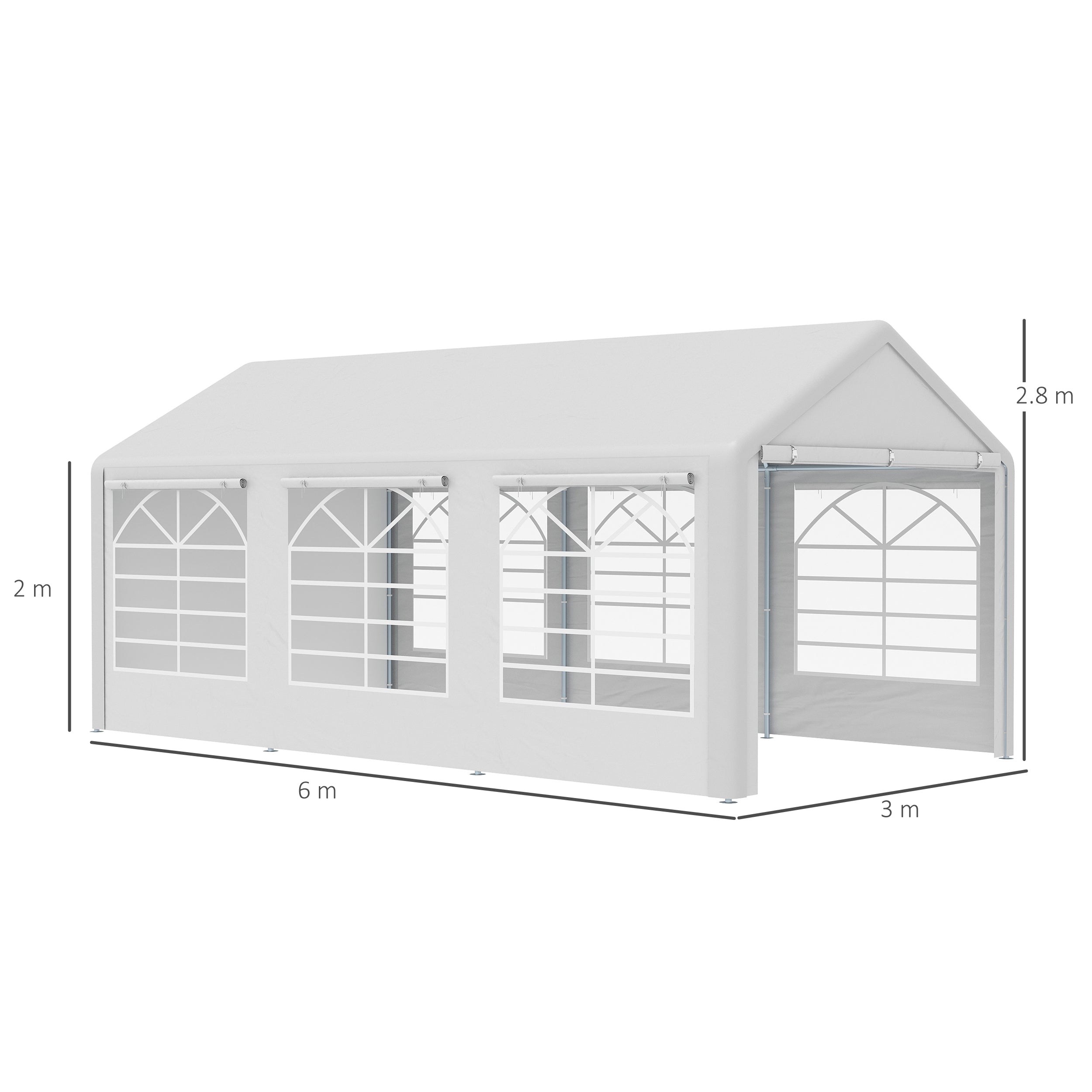 Garden Gazebo 6x3m with Side Windows, 3 Rooms and Hinged Doors, White