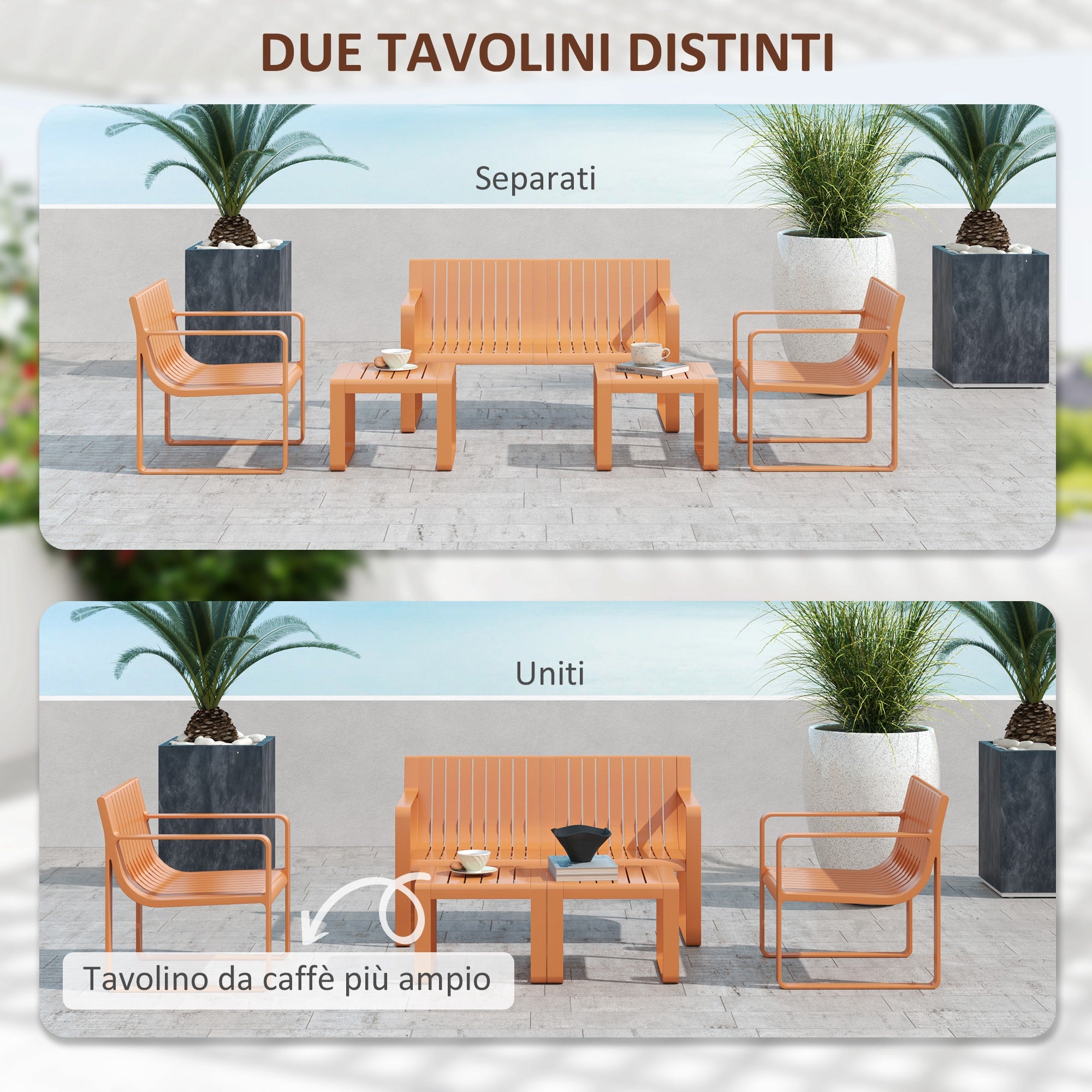 5 Piece Slatted Garden Set with Sofa, 2 Armchairs and 2 Coffee Tables in Orange Polypropylene
