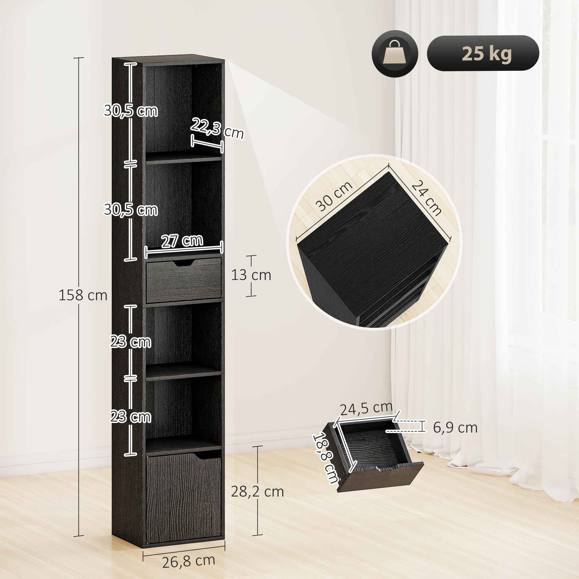HOMCOM 4-Tier Open Bookshelf with Cabinet and Drawer, 30x24x158 cm, Black
