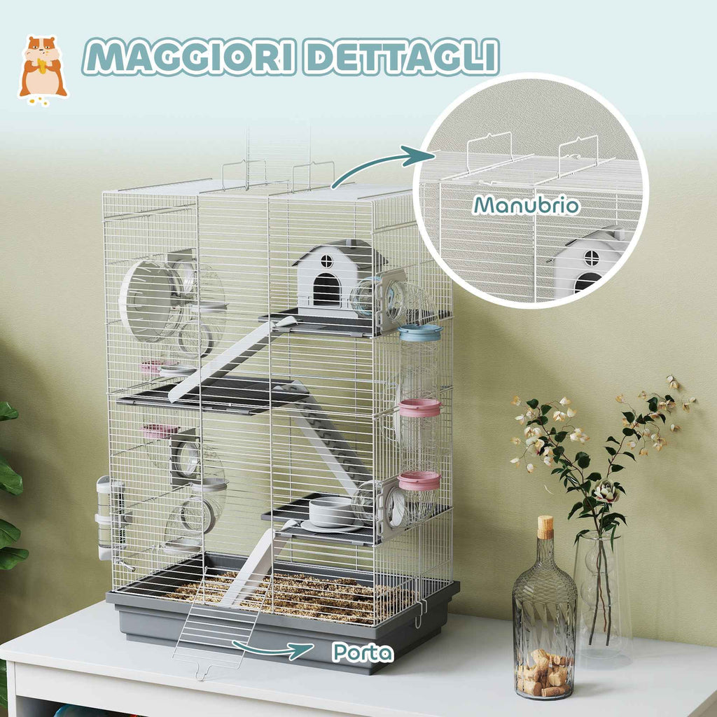 PawHut 4-Tier 16-Tube Hamster Cage with House, Ramp, and Accessories, Metal and Plastic, 47x30x70 cm, Grey