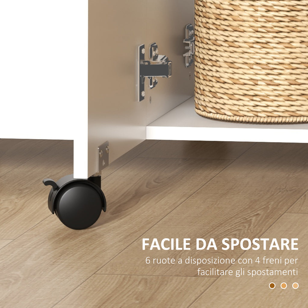 Folding Table with 2 Drawers and Cabinet, 6 Wheels and Brakes, 120x60x76.5 cm, White and Oak