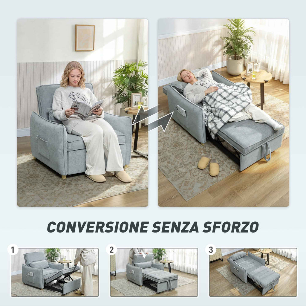 HOMCOM 3-in-1 Reclining Sofa Bed with Cushion, Chenille Upholstery, 88x84x87 cm, Grey