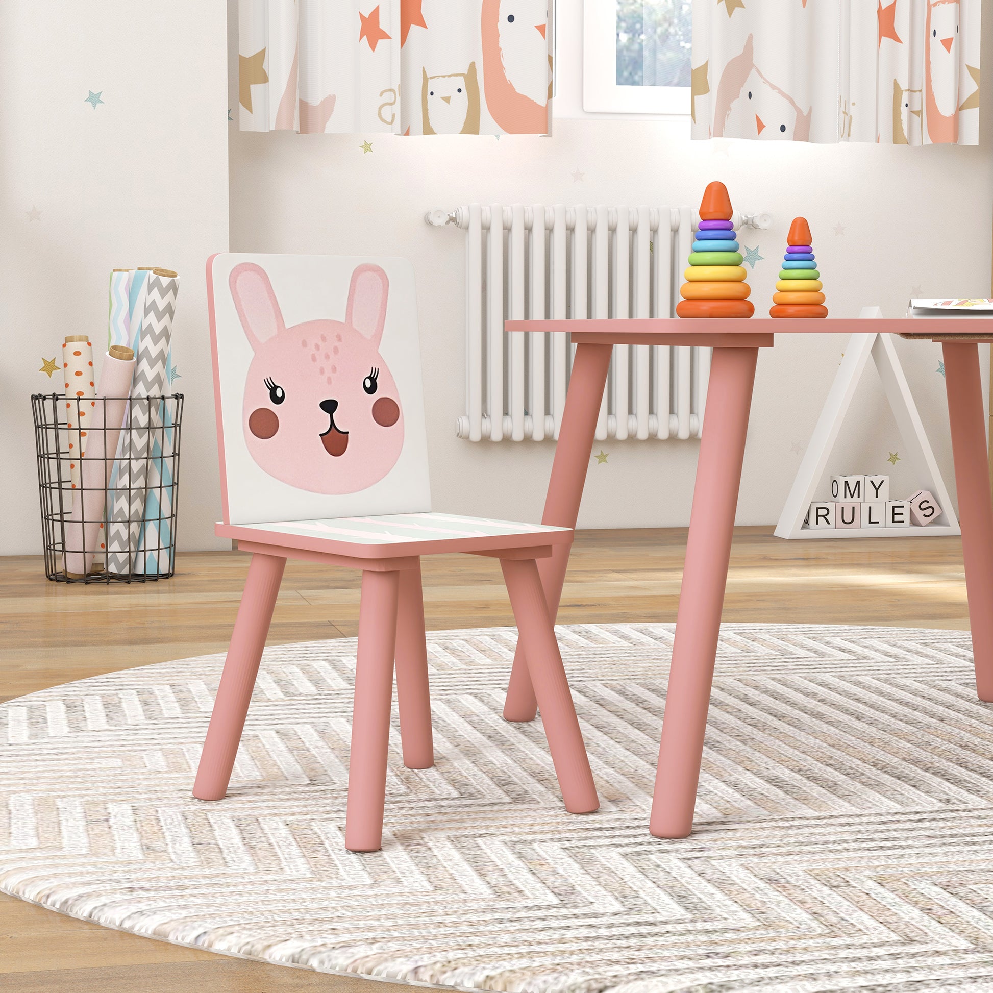 ZONEKIZ 3-piece table and chair set for children 3-8 years in MDF and pine wood with animal designs, pink - Borgè