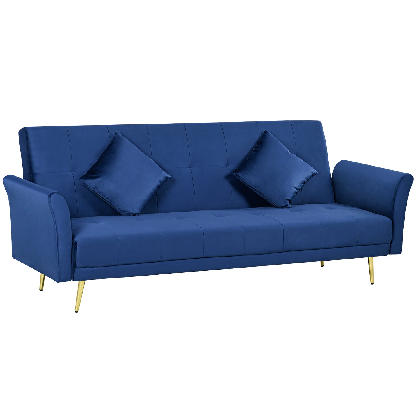 Sofa Bed with Adjustable Backrest and 2 Cushions, in Velvet Effect Fabric, 215x83x87 cm, Blue