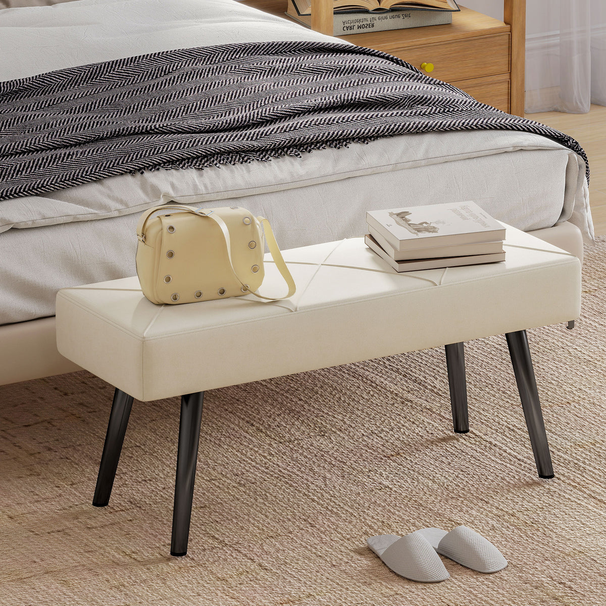 HOMCOM Upholstered Bench for Entryway and Living Room, Velvet Bedside Bench with Steel Legs, 100x36x45cm, Cream