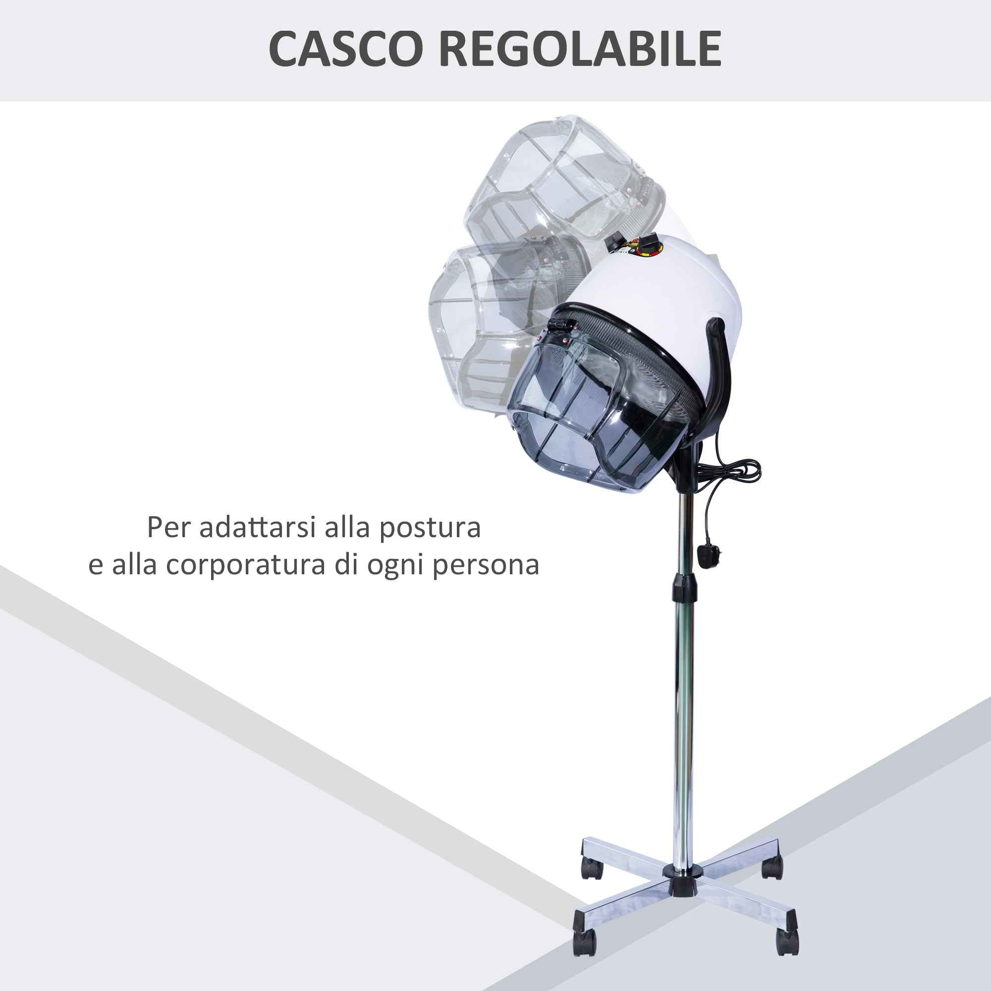 HOMCOM 1180W Adjustable Height Hood Hair Dryer, Hair Dryer with 60-Minute Timer and Swivel Wheels, Made of PP, PC and Steel, 65x65x115-165 cm, White