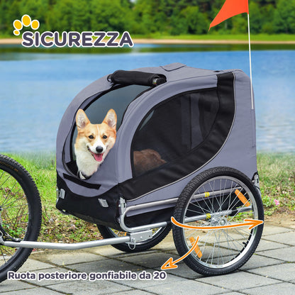 PawHut Bike Trailer for Medium Size Dogs with Side Windows and Flag, 130x73x90 cm, Gray and Black