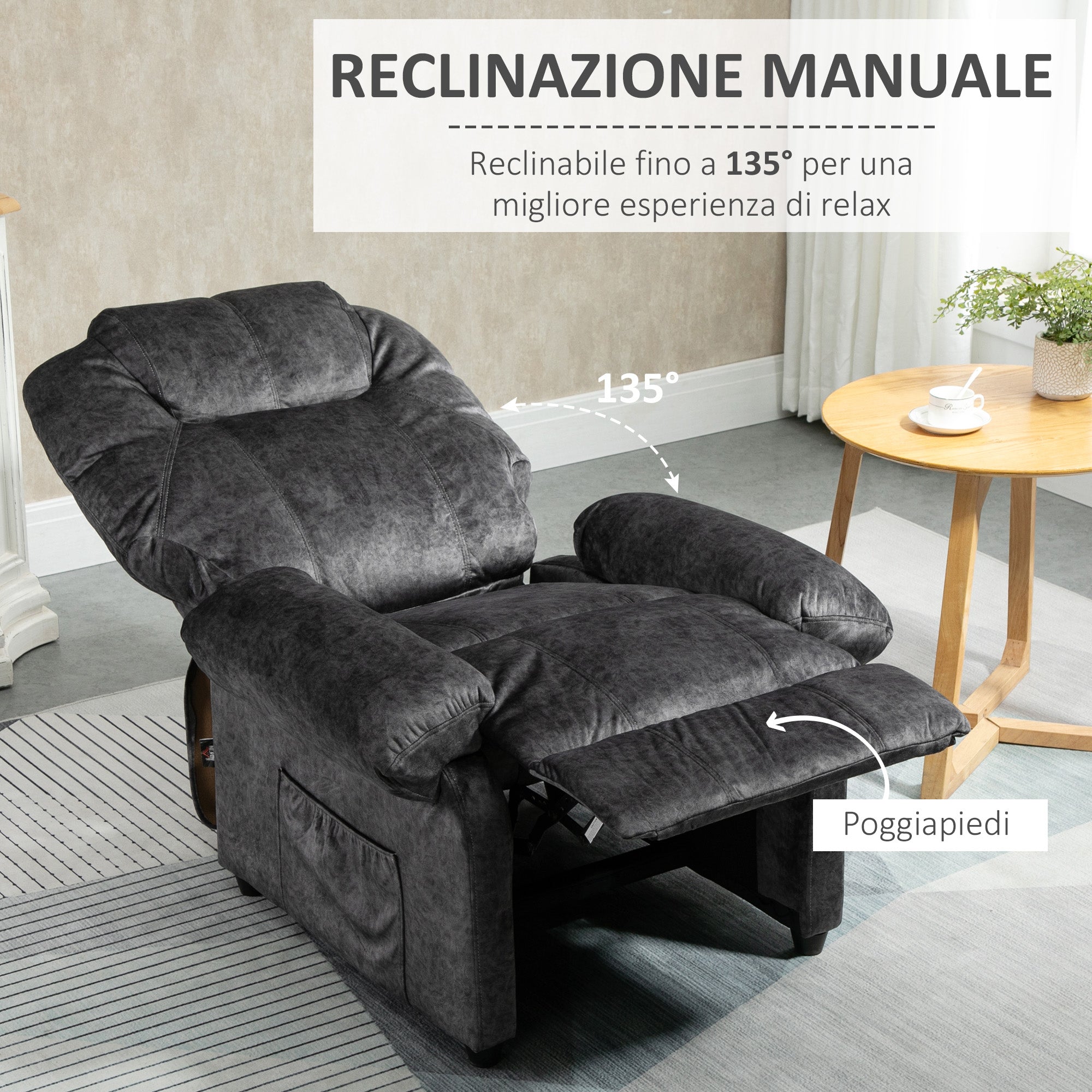 Manual Reclining Fabric Relax Chair with Removable Footrest and Side Pocket, Black