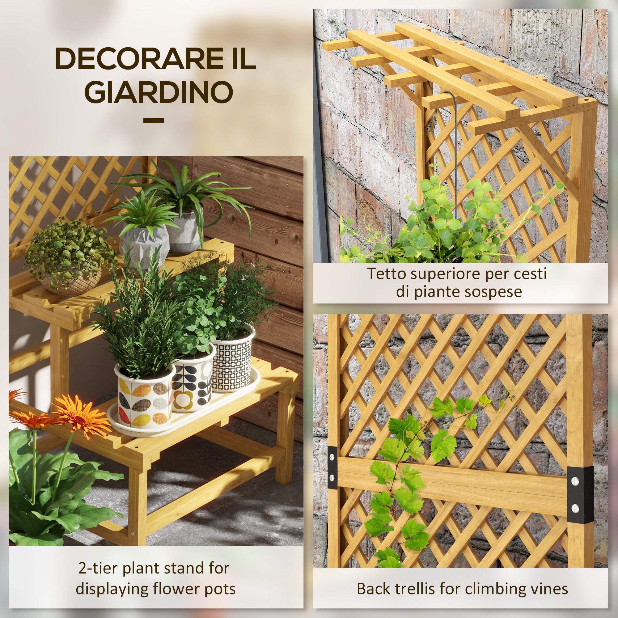 Outsunny Planter with 2-Tier Grille with Roof and Slatted Shelves, in Fir Wood, 60x50x166 cm - Borgè