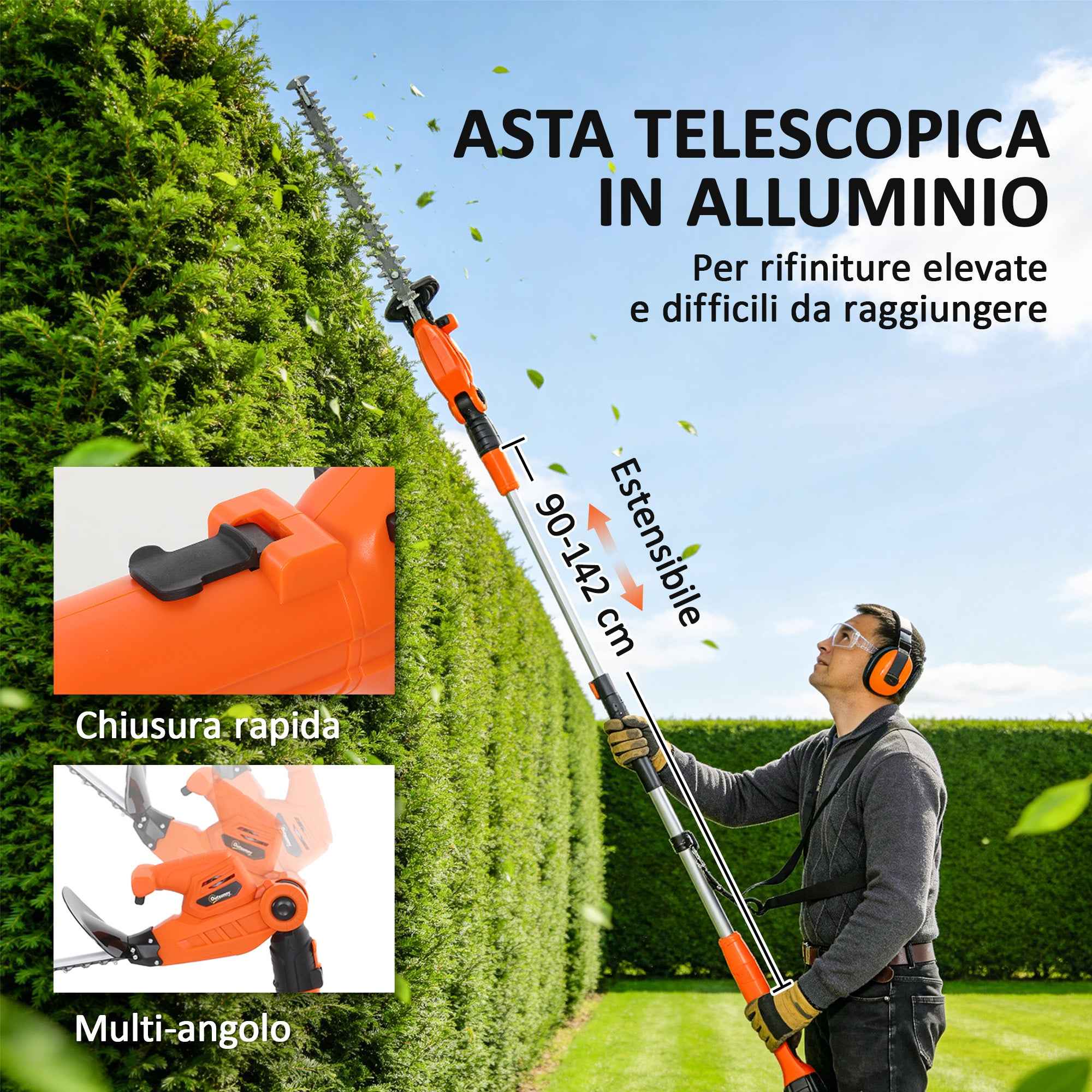 Outsunny Cordless Hedge Trimmer with 2 x 4000mAh Batteries and Aluminum Telescopic Pole