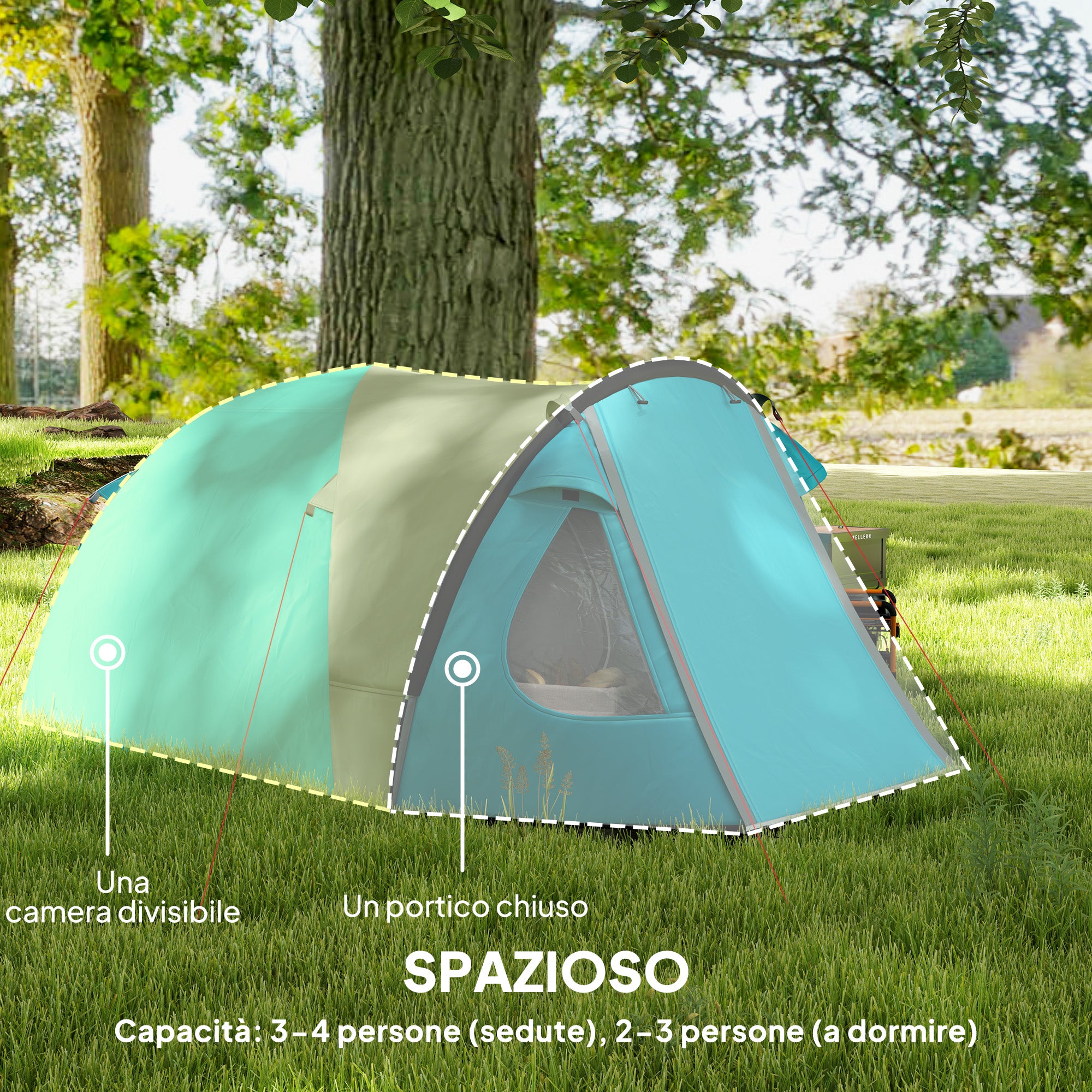 3-Person Camping Tent with Bedroom and Veranda, 3000mm Waterproof and Transport Bag, Light Blue
