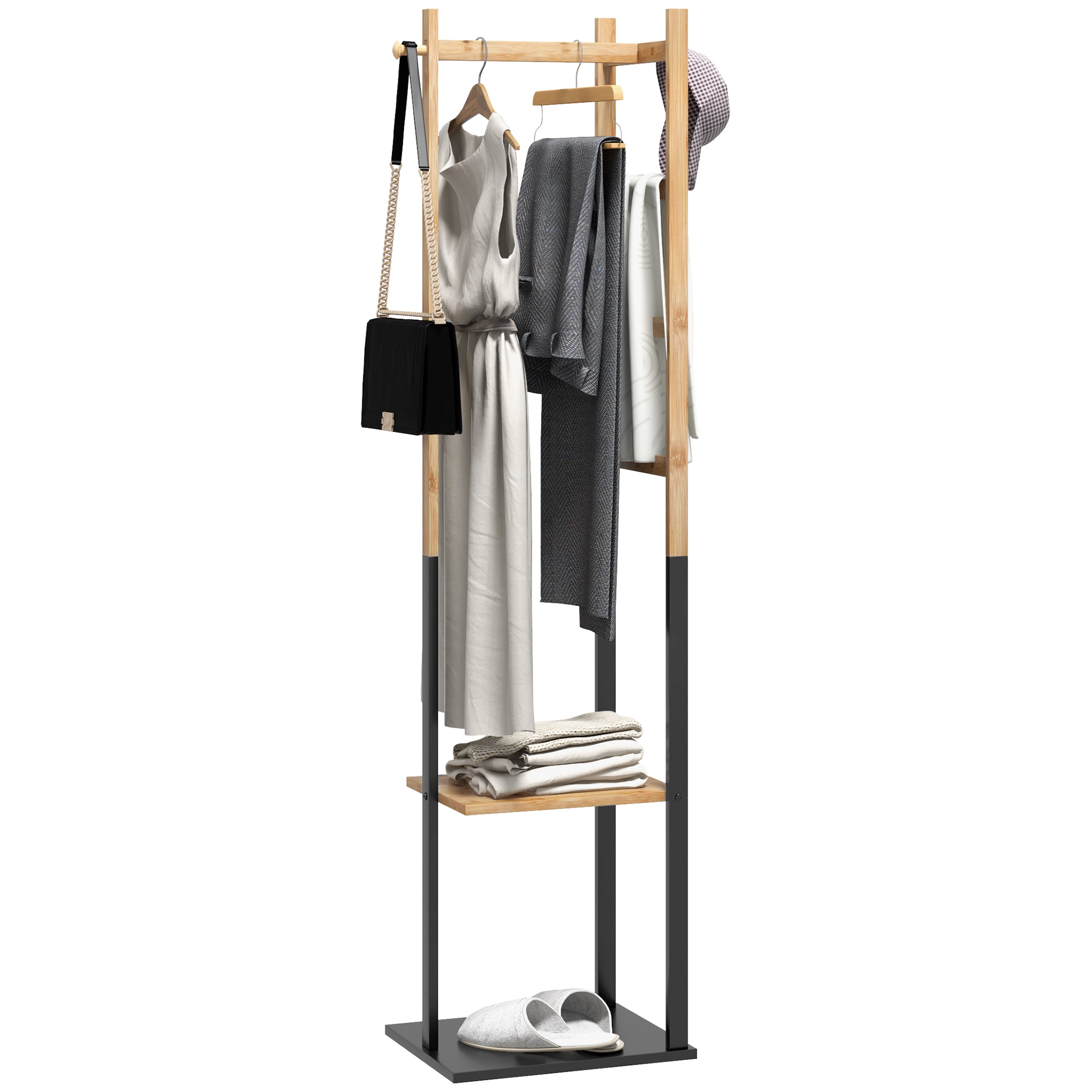 Freestanding Coat Rack with Central Bar, 4 Side Bars, 2 Hooks and 2 Shelves, Wood and Black