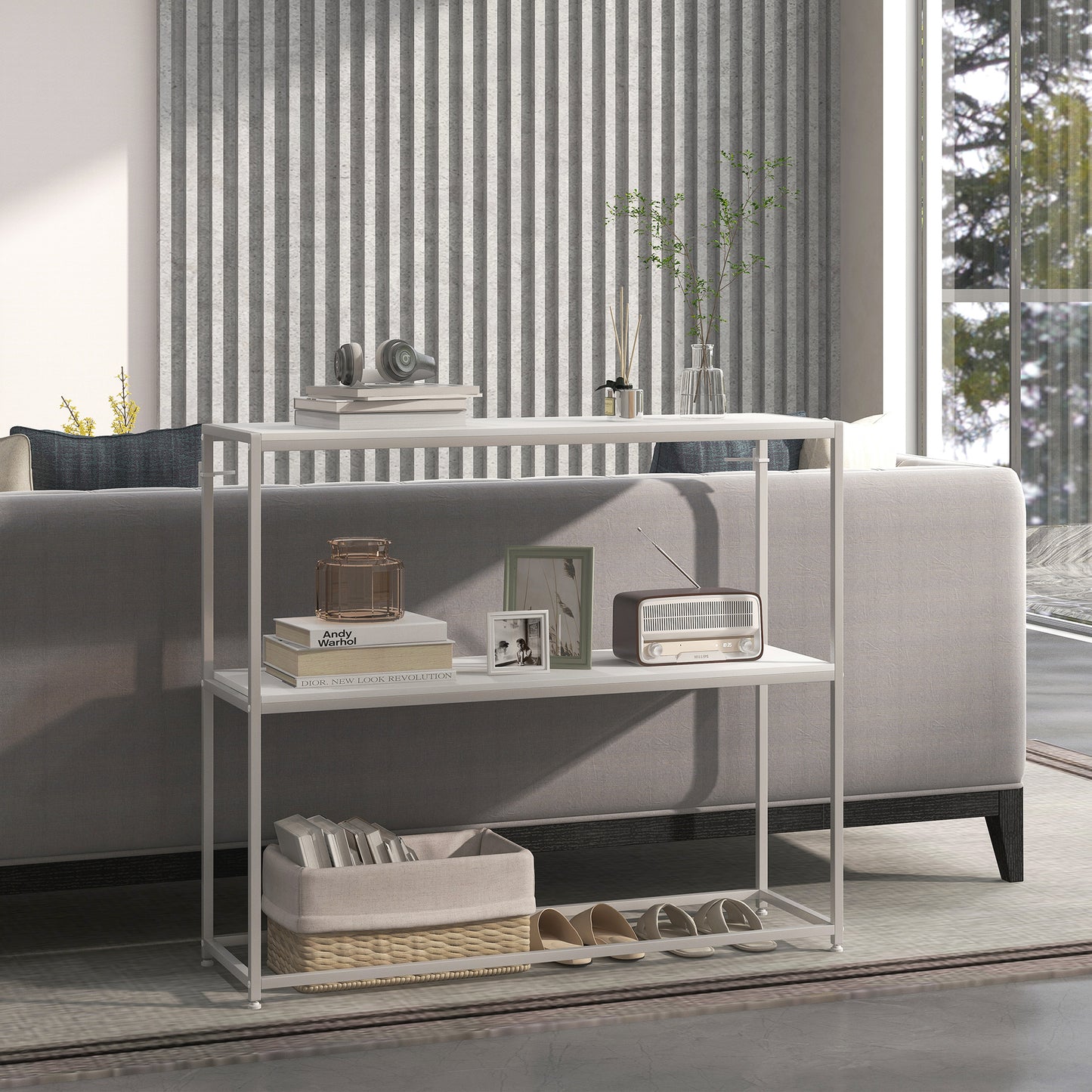 Console Table for Entrance Hall with Open Shelf, in Steel and Chipboard, 100x30x87 cm, White