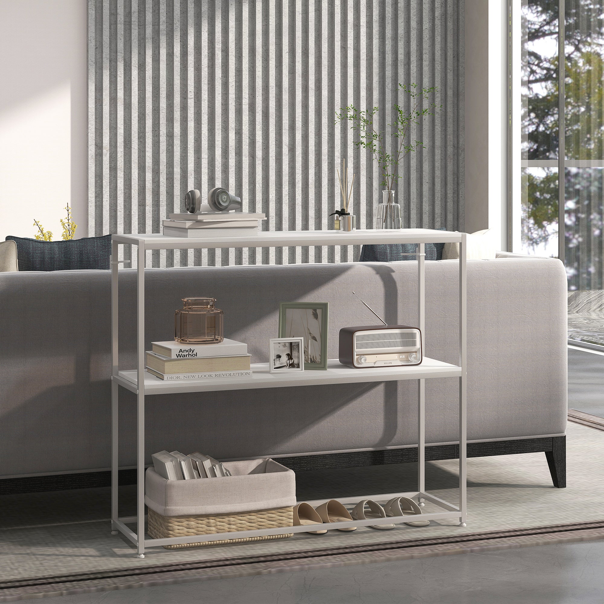 Console Table for Entrance Hall with Open Shelf, in Steel and Chipboard, 100x30x87 cm, White - Borgè