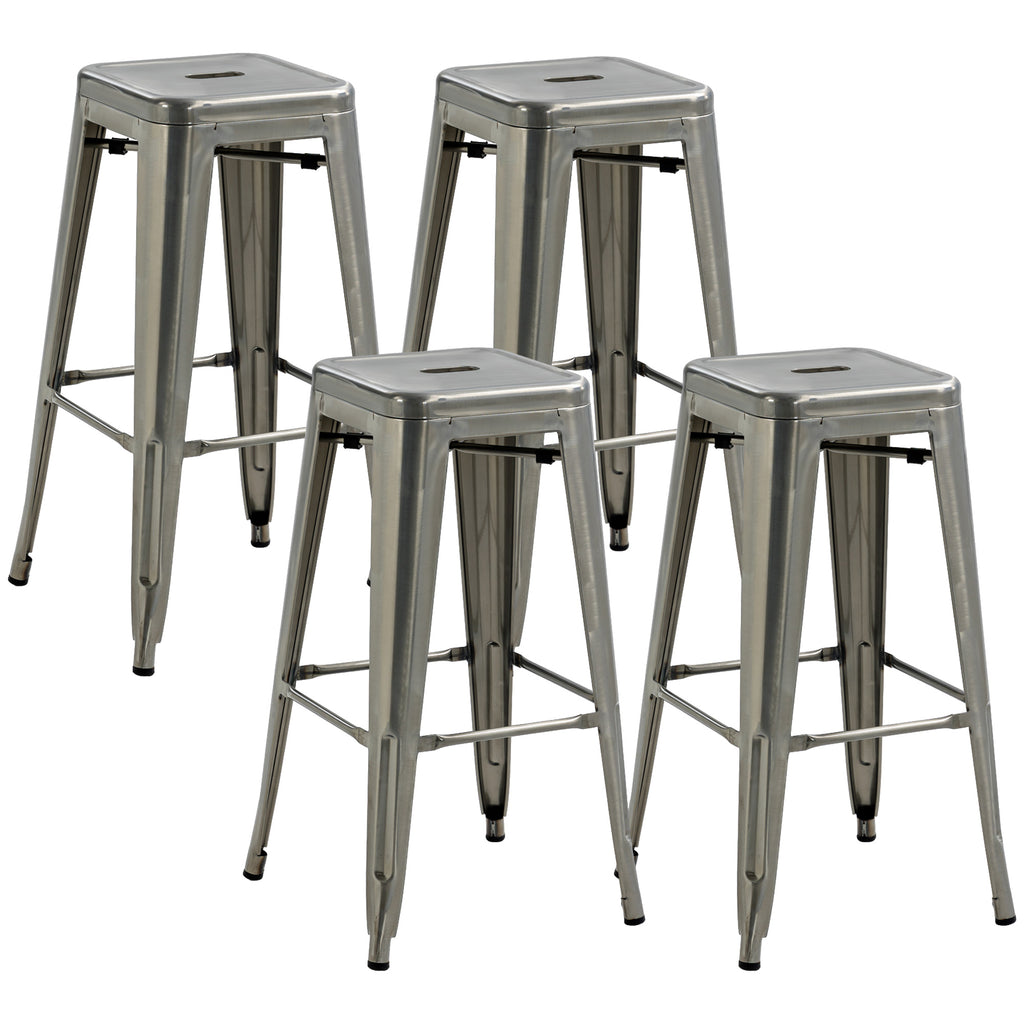 HOMCOM Set of 4 Stackable Bar Stools with Footrest, Industrial Style, Steel, for Dining Room, Silver