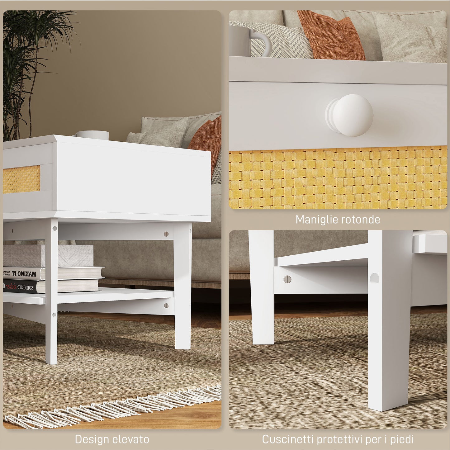 HOMCOM Boho Coffee Table with 2 Drawers and Shelf, in Rattan and Chipboard, 120x50x50 cm, White and Wood Color