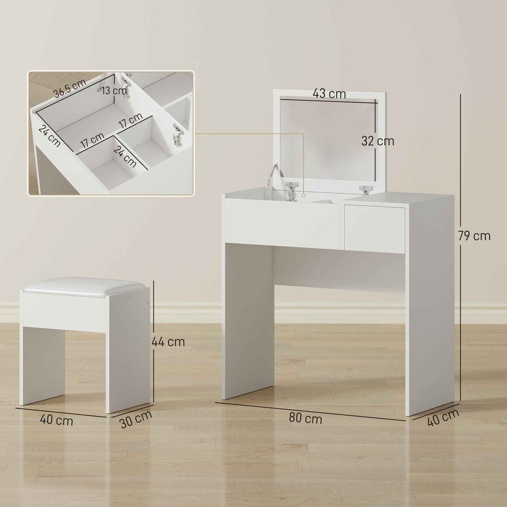 HOMCOM Vanity Table with Folding Mirror, Modern Makeup Table with Stool, 4-Compartment Storage Compartment, White MDF, 80x40x79 cm