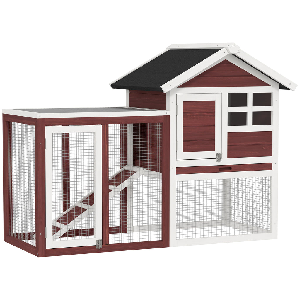 Outdoor Wooden Rabbit Hutch with Rabbit House and Ramp, 122x62. 6x92 cm, Brown and White