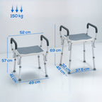 Adjustable Shower Stool with Armrests and Drainage Holes, Made of Aluminum, HDPE and EVA, 52x45x57-69 cm