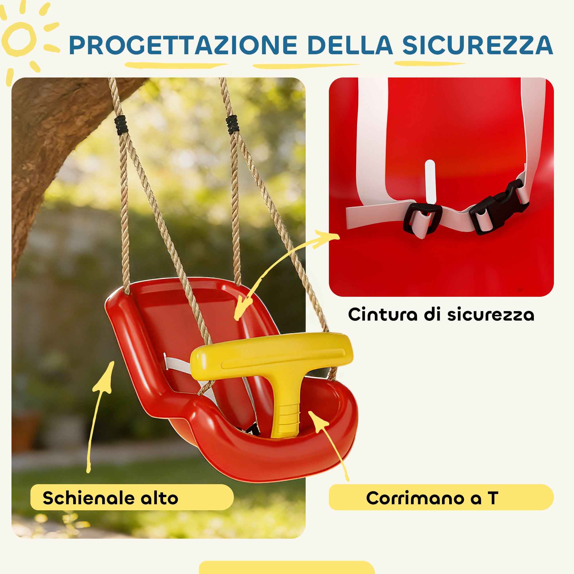 Baby Swing 9-36 Months Adjustable with Ropes and Carabiners, PE, 28x36x180 cm, Red and Yellow