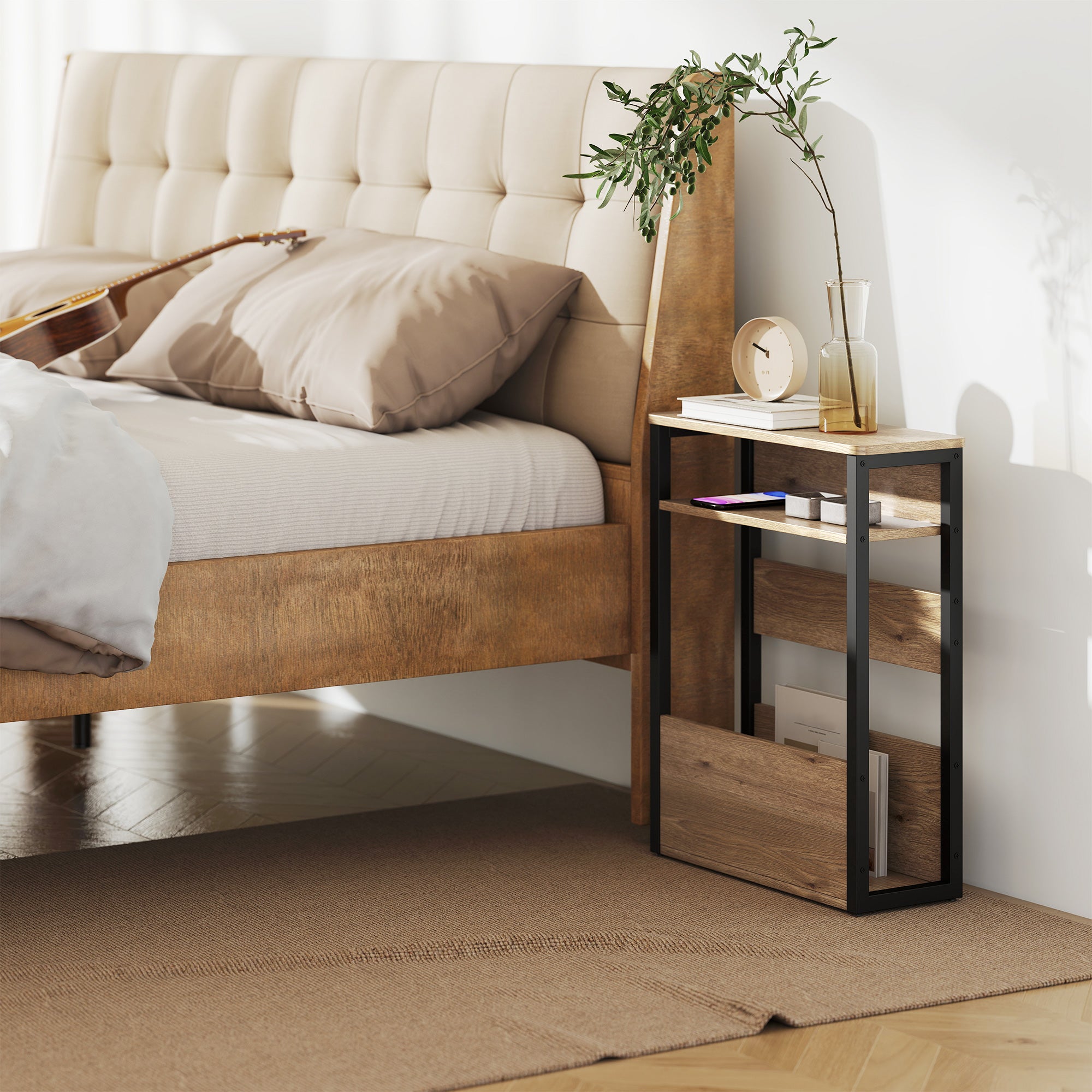HOMCOM Industrial Style Coffee Table with 2 Shelves, Wood and Metal, 46x18x58.5 cm, Dark Walnut Color