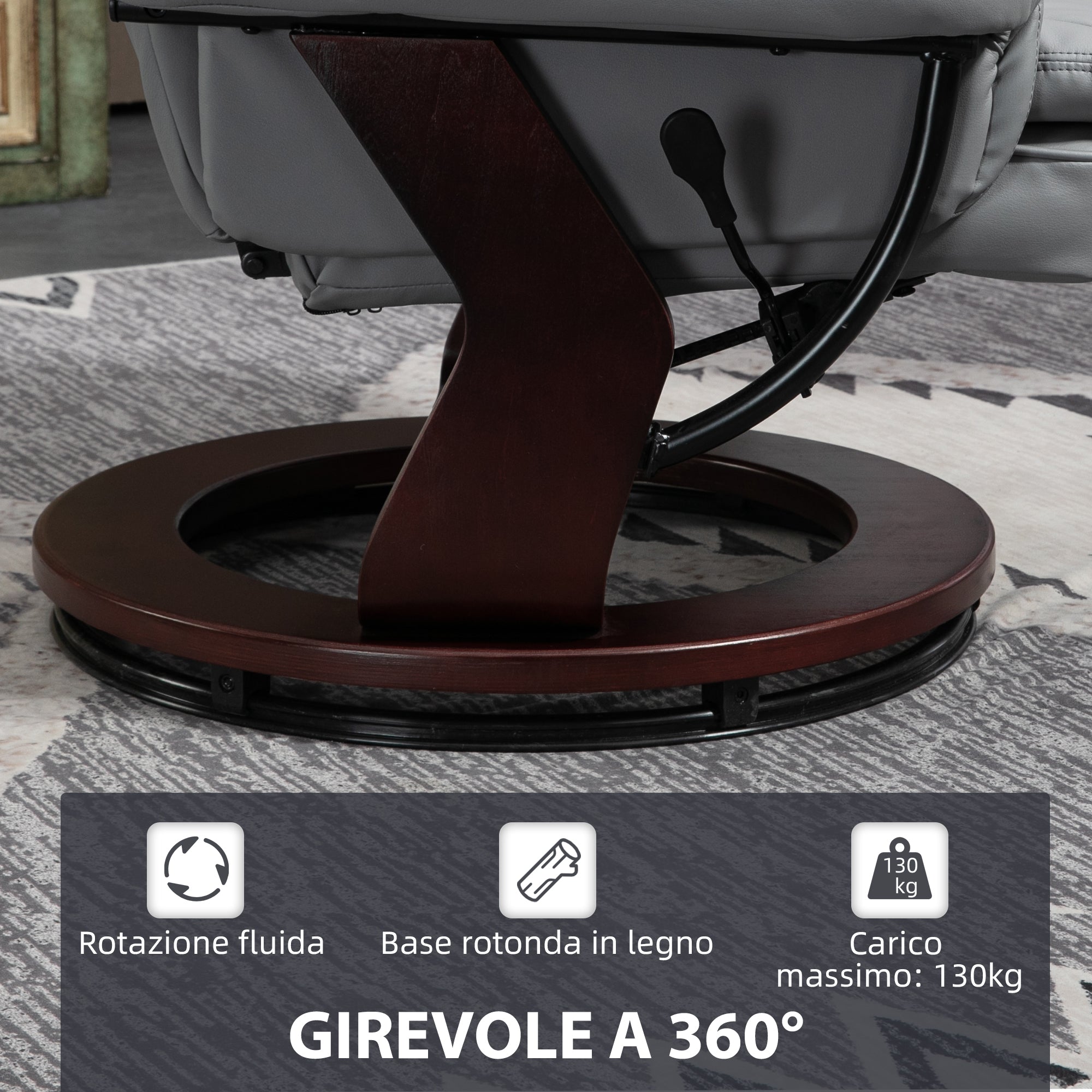 Reclining Footstool Chair with Headrest and Armrests, PU Leather and Steel, 85x82x106 cm, Grey