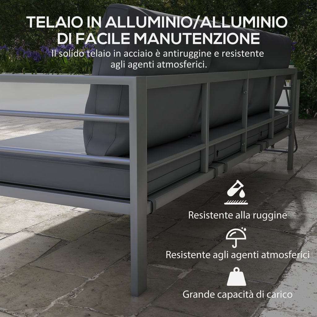 Mystery | 3-seater garden sofa with seat and back cushions, in aluminium, 185x66x64 cm, gray - Borgè