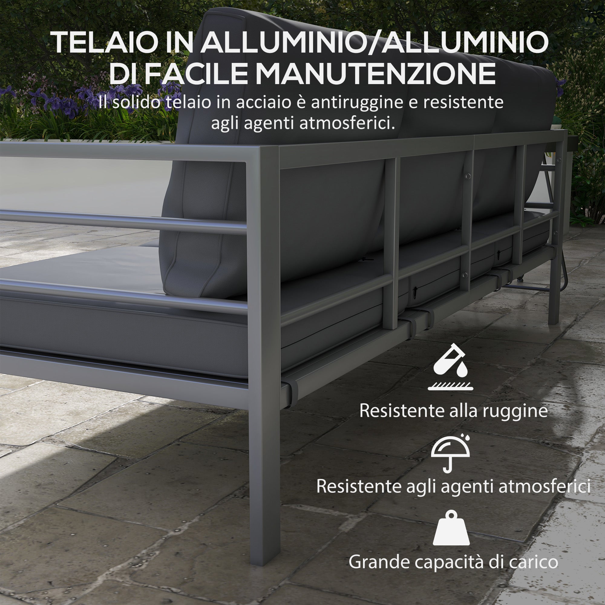 Mystery | 3-seater garden sofa with seat and back cushions, in aluminium, 185x66x64 cm, gray - Borgè