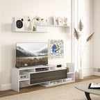 TV Cabinet with Wall Shelf, Open Shelves and Wooden Cabinet, Black and White