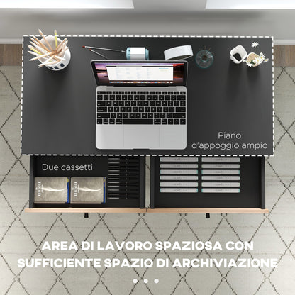 Modern Office Desk with 2 Drawers, Steel and MDF, 106x50x77 cm, Black and Oak - Borgè