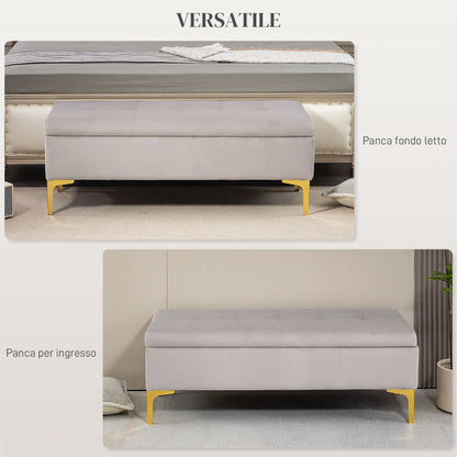 Ottoman Storage Bench with Velvety Fabric and Golden Legs, 120x44x44.5cm, Light Grey - Borgè