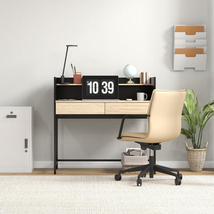 2 Drawer Desk with Top Shelf, Wood and Steel, 106x51.5x102.5 cm, Black and Oak Color