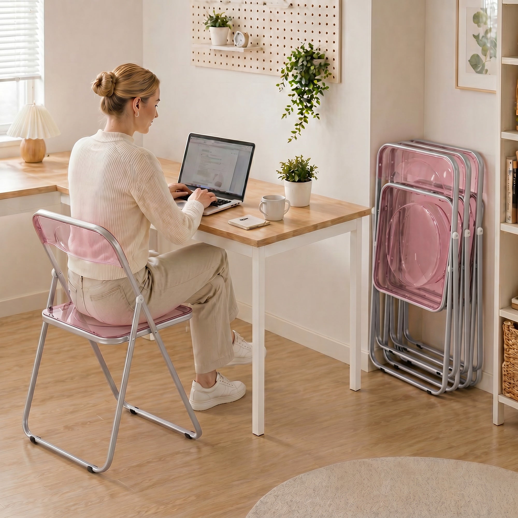 HOMCOM Set of 4 Clear Acrylic Folding Chairs, Pink