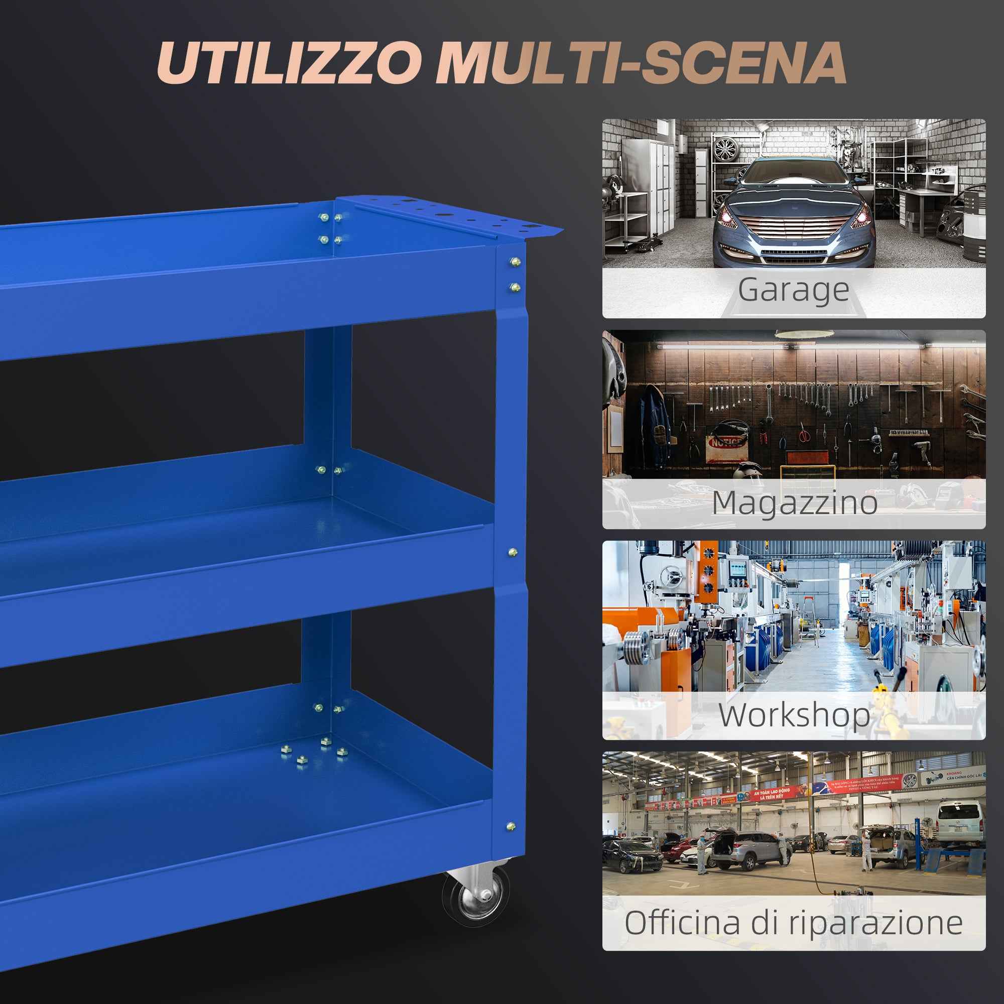 DURHAND 3-Tier Steel Tool Cart with High Edges and 4 Swivel Wheels, 83x35.3x76 cm, Blue