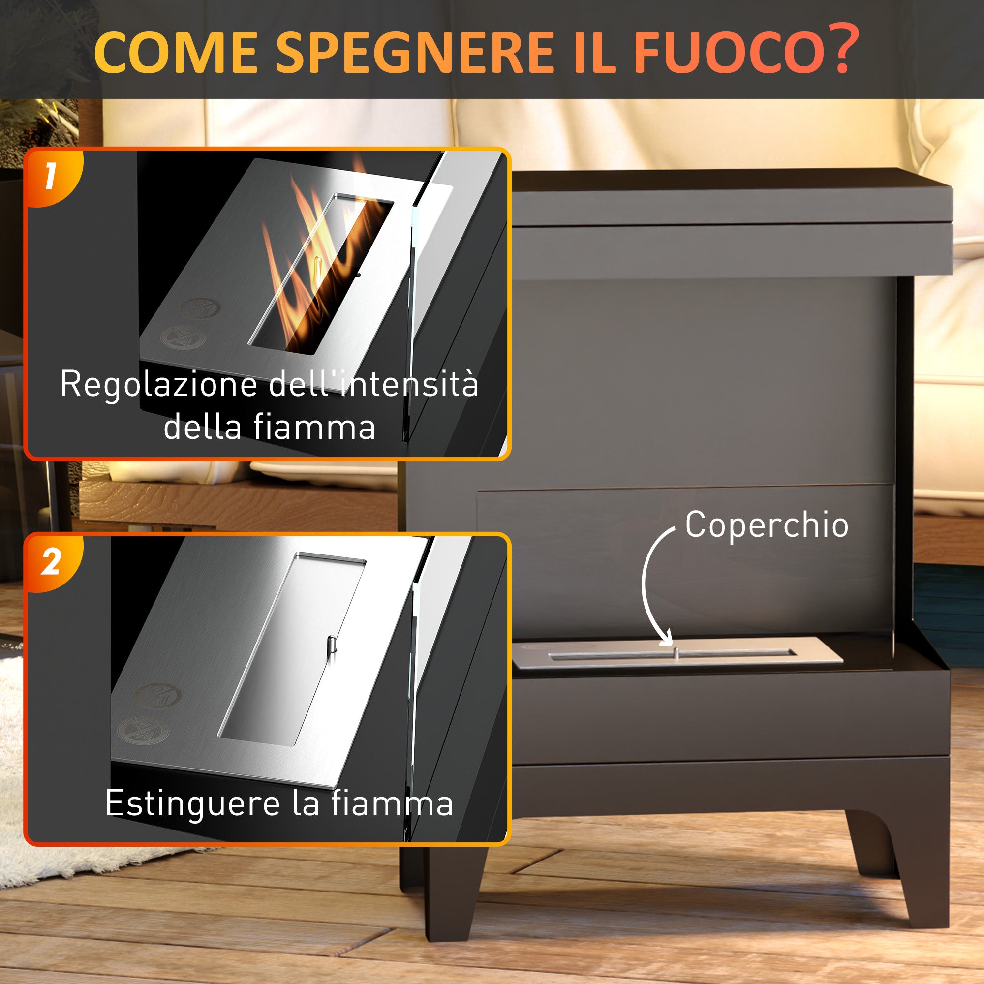 Freestanding Bioethanol Fireplace with 0.9L Burner and 3.3 Hours Burn Time, 38x22x54 cm, Black