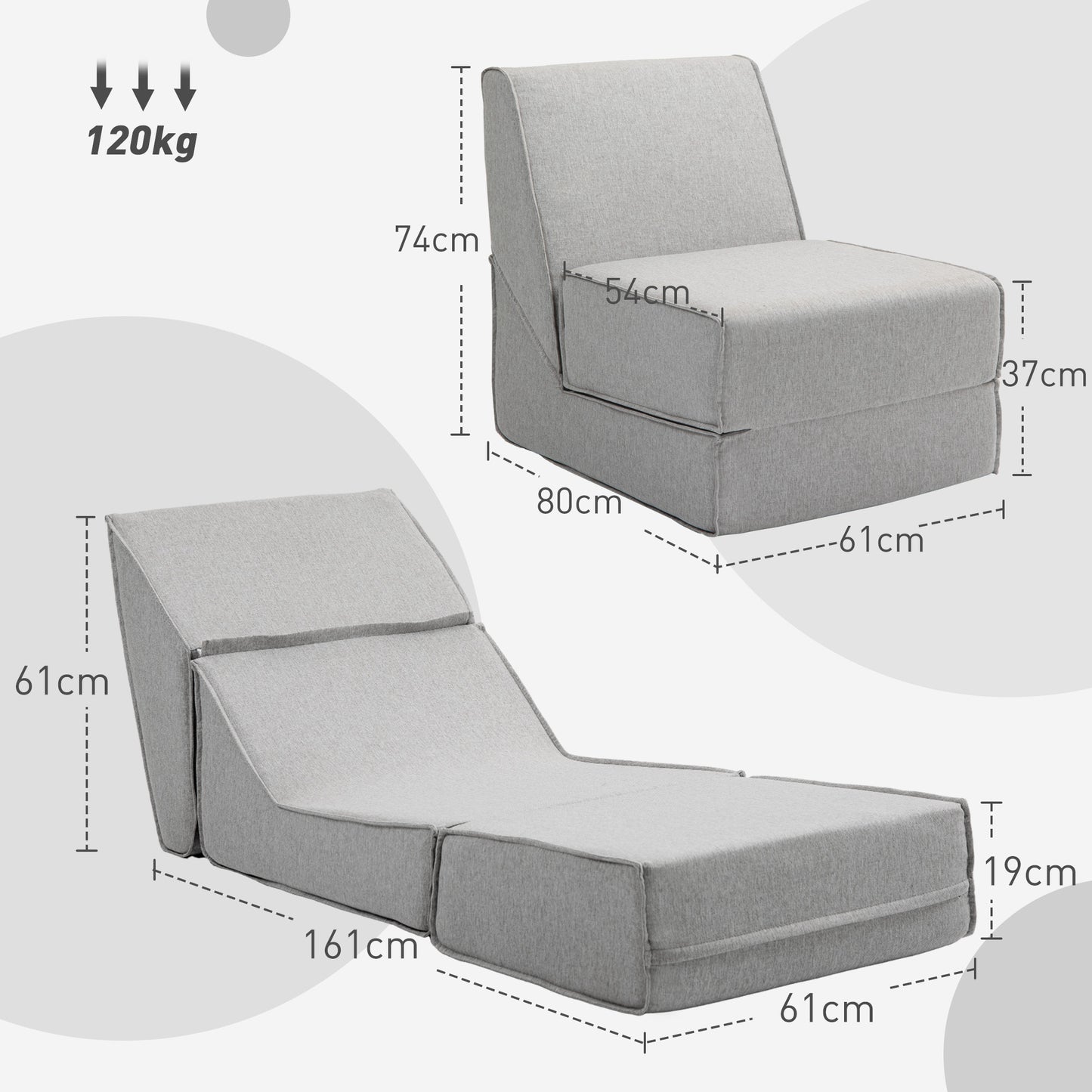 Modern Floor Armchair Convertible in Fabric Chaise Longue, Light Grey