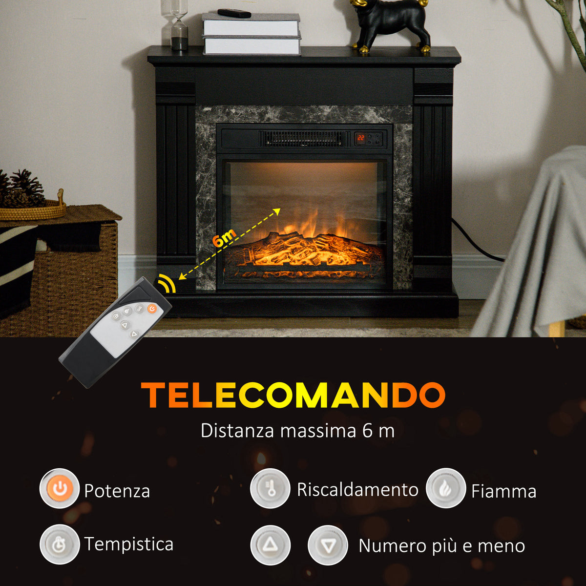 HOMCOM Electric Fireplace with Timer, Adjustable Flame and Temperature, 80x21.6x67.8 cm, Black
