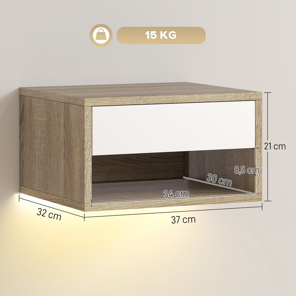 HOMCOM Set of 2 Wall-Mounted Bedside Tables with Built-in RGB LED Lights, Adjustable via APP, Drawer and Shelf, 37x32x21 cm, White Wood Color