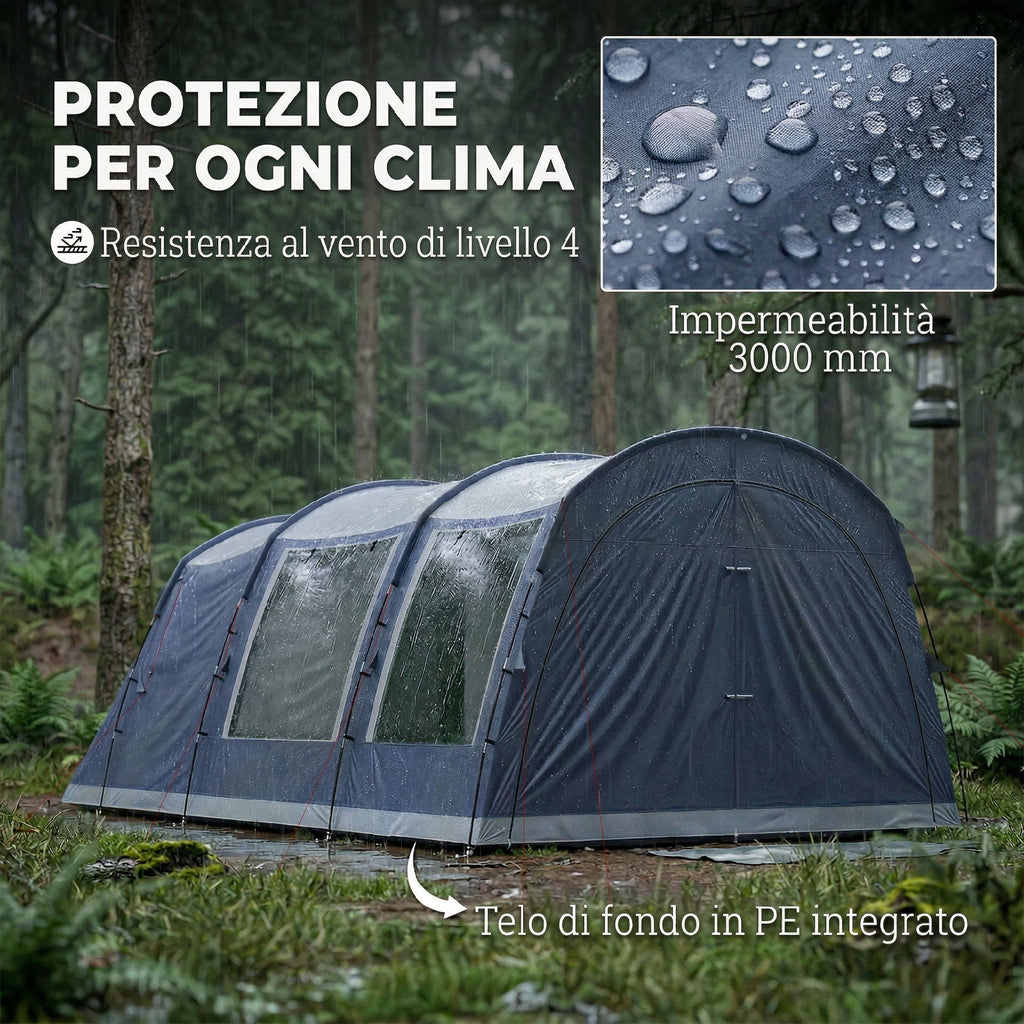 Outsunny 2-4 Person Tunnel Tent, 210cm High, 2 Rooms, 3000mm Waterproof, 540x320x210cm, Navy Blue