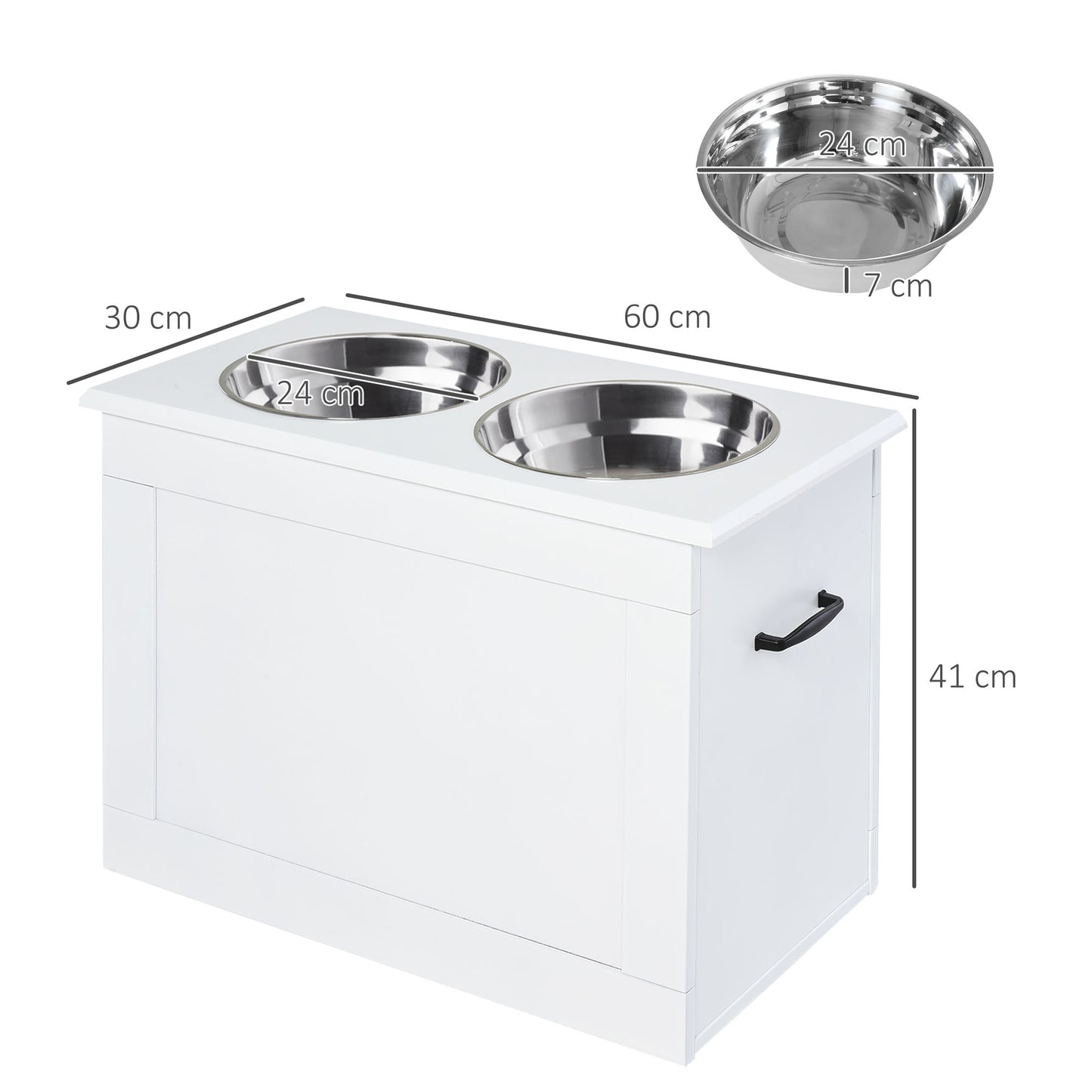 Raised Bowls for Large Dogs, MDF Stand with 2 Stainless Steel Bowls, 60x30x41 cm, White