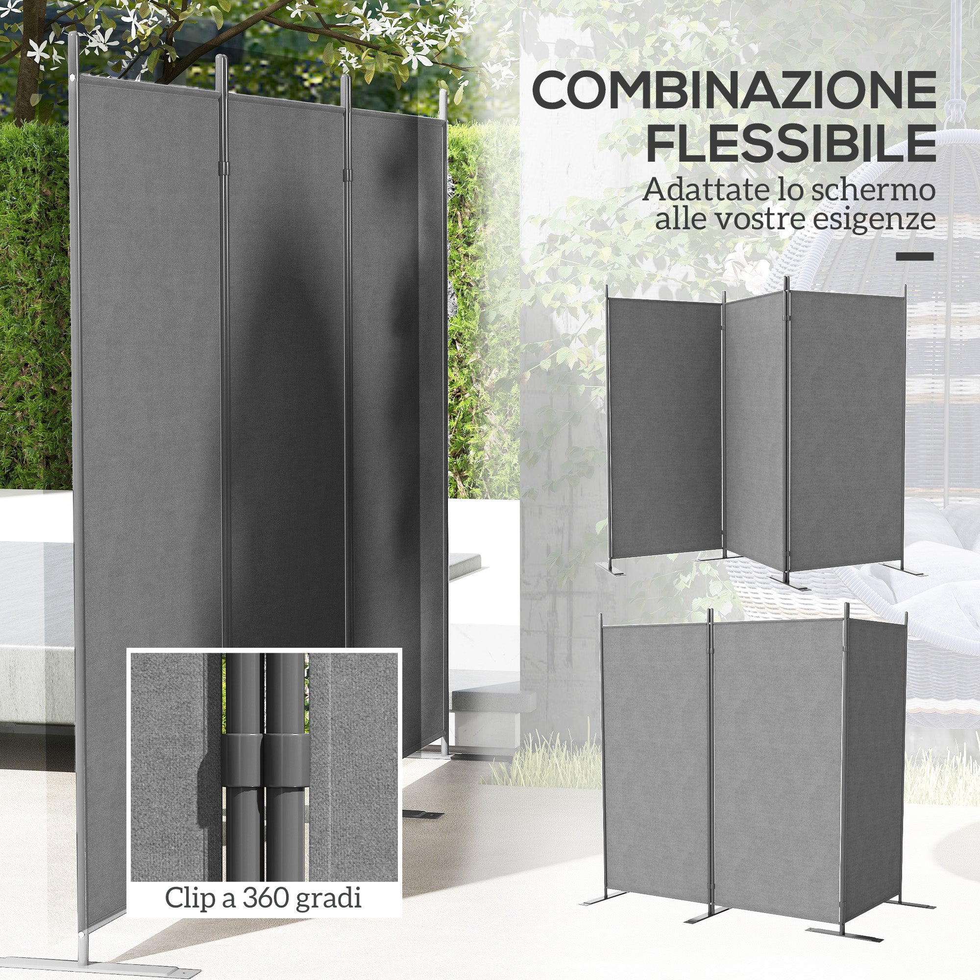 Outdoor Screen with 3 Folding and Adjustable Panels, in Polyester and Metal, 252x44x176 cm, Charcoal Gray
