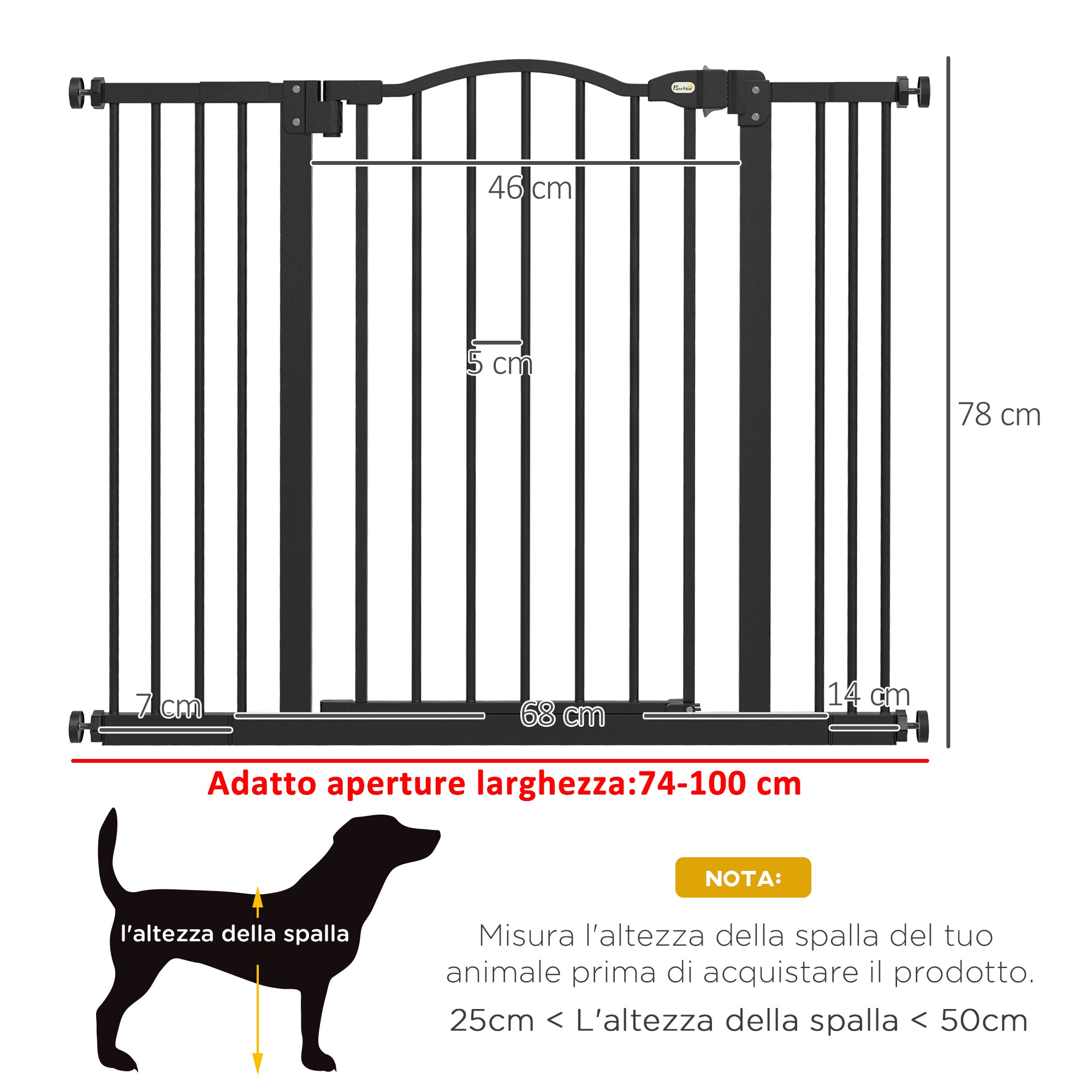 PawHut Extendable Dog Gate Without Screws Adjustable from 74-100 cm High 78 cm in Metal, Black - Borgè